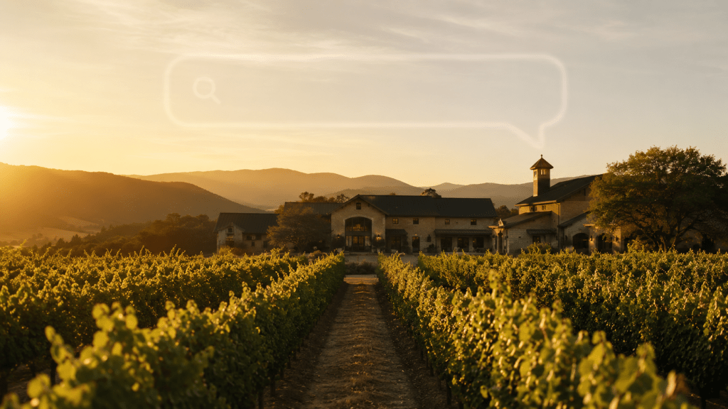 Winery at sunset with AI Search Bubble